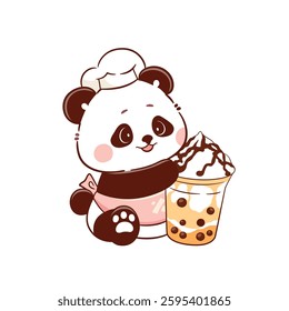 Cute panda holding bubble milk tea ice cup kawaii logo