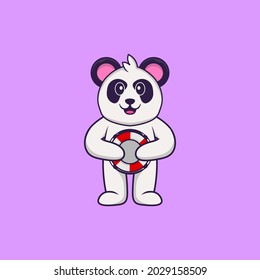 Cute Panda holding a buoy. Animal cartoon concept isolated. Can used for t-shirt, greeting card, invitation card or mascot.