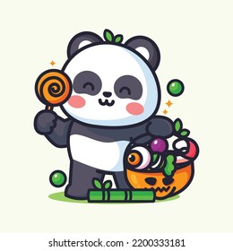 cute panda holding candy and celebrating halloween