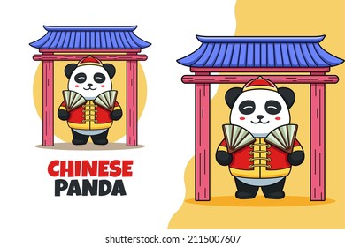 Cute Panda holding Chinese Traditional Fan Mascot svg