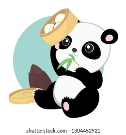 Cute Panda holding Dim sum In Bamboo Steamer