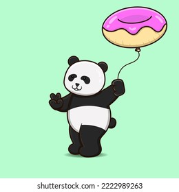 Un panda lindo sosteniendo un globo de donuts. Mascota Panda.