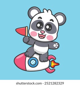 Cute Panda holding flag On Rocket Cartoon Vector Icon Illustration. Animal Technology Icon Concept Isolated Premium Vector. Flat Cartoon Style