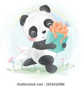 Un panda cortado sosteniendo una caja de regalo
