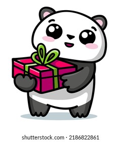 Cute panda holding gift box. Colorful vector illustration in cartoon style.