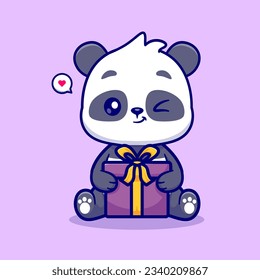 Cute Panda Holding Gift Box Cartoon Vector Icon Illustration. Animal Holiday Icon Concept Isolated Premium Vector. Flat Cartoon Style