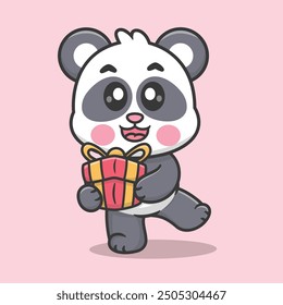 Cute Panda Is Holding a Gift Box Isolated Illustration Icon Vector, Animals Nature Cartoon Premium Vector, Cartoon Holidays Style