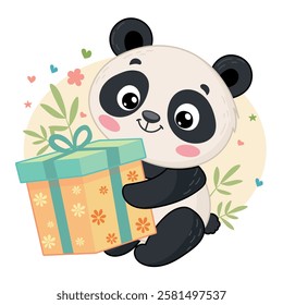 Cute panda holding a gift box. Illustration for Kids