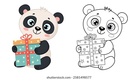 Cute panda holding a gift box. Illustration for Kids. Coloring book