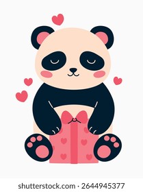 Cute panda holding gift box. Valentine's day image. Flat vector illustration.