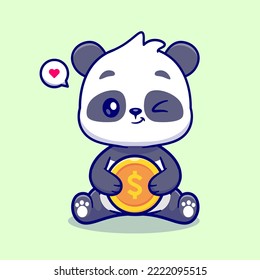 Cute Panda Holding Gold Coin Cartoon Vector Icon Illustration. Animal Finance Icon Concept Isolated Premium Vector. Flat Cartoon Style