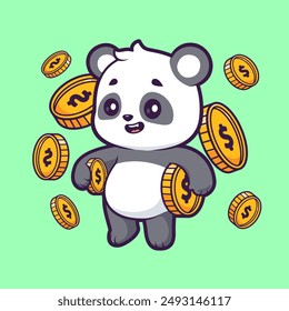 Cute Panda Holding Gold Coin Cartoon Vector Icon Illustration. Animal Finance Icon Concept Isolated Premium Vector. Flat Cartoon Style