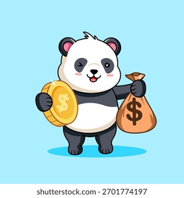 Lindo Panda Holding Moneda de Oro y un Saco de Dinero de Ilustración vectorial de Diseño de Dibujos Animados