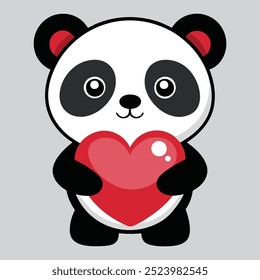 Cute panda holding a heart. Asian black and white. Vector cartoon illustration.