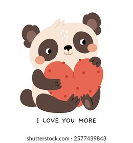 Cute panda holding a heart in his hands. Valentine's Day card. I love you more.