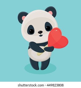 Cute panda holding a heart lollipop. Asian black and white bear. Vector cartoon illustration