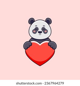 Cute panda holding heart love in cartoon style. Vector illustration