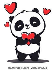 Cute Panda Holding Heart, Love Theme - Ilustración vectorial plana