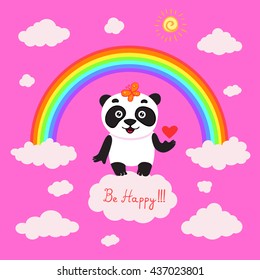 Cute panda holding a heart on a cloud under a rainbow on a pink background. Vector illustration. Greeting card