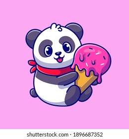 Cute Panda Holding Ice Cream Cone Cartoon Vector Icon Illustration. Animal Food Icon Concept Isolated Premium Vector. Flat Cartoon Style