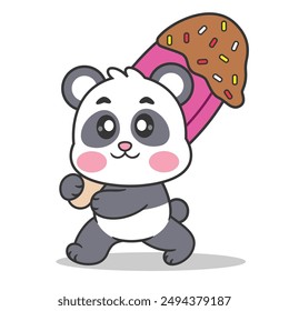 Cute Panda Holding Ice Cream Cone Cartoon Vector Icon Illustration. Animal Food Icon Concept Isolated Premium Vector. Flat Cartoon Style