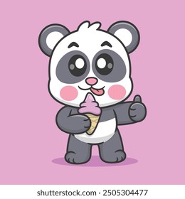 Cute Panda Holding Ice Cream Cone Cartoon Vector Icon Illustration. Animal Food Icon Isolated Premium Vector. Flat Cartoon Style