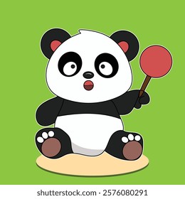 Cute Panda Holding a Lolipop Cartoon Vector Icon Illustration