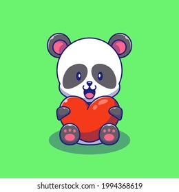 Cute Panda Holding Love Heart Illustration. Animals Icon Concept. Flat Cartoon Vector Illustration Isolated.