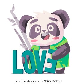 Cute panda holding love text with silly face funny character of black and white bear comic mascot