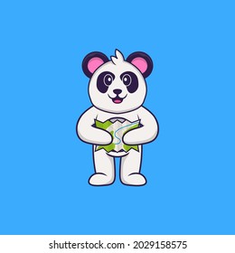 Cute Panda holding a map. Animal cartoon concept isolated. Can used for t-shirt, greeting card, invitation card or mascot.