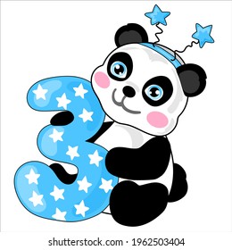The cute panda is holding the number three for boy. Illustration for the first birthday. 
Cake topper print. Vector illustration isolate. Print for T-shirts and sweatshirts.