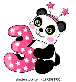 The cute panda is holding the number three for girl. Illustration for the first birthday. 
Cake topper print. Vector illustration isolate. Print for T-shirts and sweatshirts.