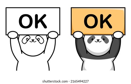 Cute panda holding ok sign board coloring page for kids svg