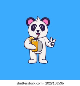 Cute Panda holding orange juice in glass. Animal cartoon concept isolated. Can used for t-shirt, greeting card, invitation card or mascot.