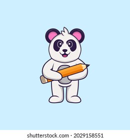 Cute Panda holding a pencil. Animal cartoon concept isolated. Can used for t-shirt, greeting card, invitation card or mascot.