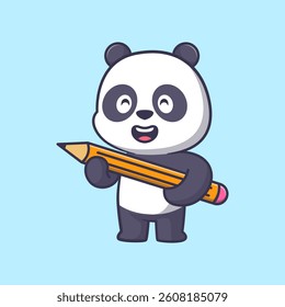 Cute panda holding pencil cartoon icon illustration