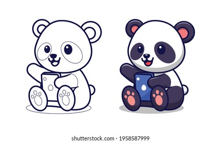 Cute panda holding phone cartoon coloring page for kids