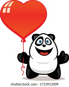 Cute panda holding  red balloon heart