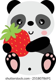 Cute panda holding a red strawberry
