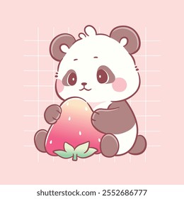 Panda bonito segurando morango kawaii animal caráter