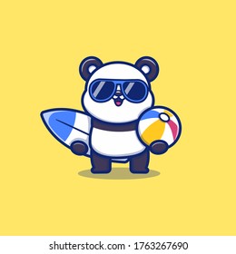 Cute Panda Holding Surfboard And Summer Ball Cartoon Vector Icon Illustration. Animal Summer Icon Concept Isolated Premium Vector. Flat Cartoon Style 