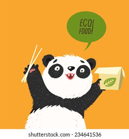 Cute panda holding take away food box and saying "Eco food!". Vector colorful illustration in flat design style