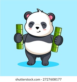 Cute Panda Holding Two Bamboo Sticks Vector Illustration Cartoon Design