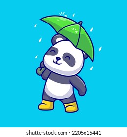 Cute Panda Holding Umbrella In Rain Cartoon Vector Icon Illustration. Animal Nature Icon Concept Isolated Premium Vector. Flat Cartoon Style