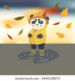 Cute Panda Holding Umbrella In Rain coat Cartoon Vector flat Illustration. Animal Nature Icon Concept Isolated Premium.