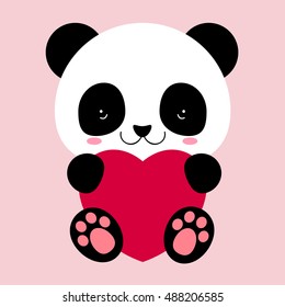 Cute Panda holds big heart. Love and friendship. Heart. Congratulation with St. Valentine day. The animal in flat style. Funny sticker.