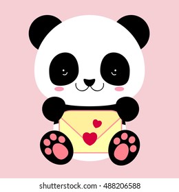 Cute Panda holds the envelope. Love and friendship. Heart. Congratulation with St. Valentine day. The animal in flat style. Funny sticker.