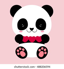 Cute Panda holds hearts. Love and friendship. Heart. Congratulation with St. Valentine day. The animal in flat style. Funny sticker.