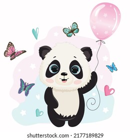 Cute panda holds a pink balloon surrounded by butterflies