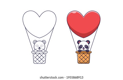 Cute panda in a hot air balloon cartoon coloring pages for kids